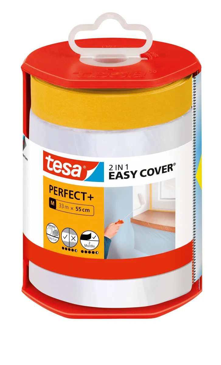 tesa® EASY COVER Perfect+ – Malerfolie inkl. Spender – Abdeckfolie für präzises Arbeiten