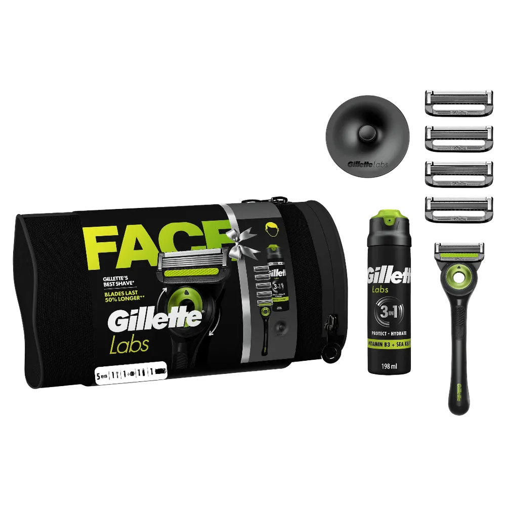 Gillette Labs Premium Geschenkset Rasierapparat mit 5 Klingen + Stand + Labs Rasiergel 198 ml + Kosm
