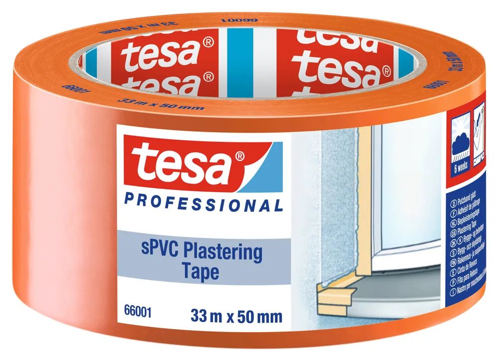 tesa® Putzband sPVC Glatt Gelb 33 m x 50 mm – wetterbeständiges Klebeband für Außenbereiche