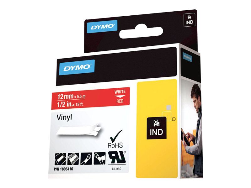 Dymo Rhino - Vinyl - permanenter Klebstoff - Weiß auf Rot - Rolle (1,2 cm x 5,5 m)