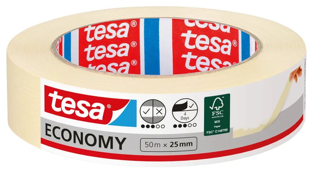 tesa® Malerband Economy – 25 m x 50 mm – universelles Abdeckband aus Recyclingpapier