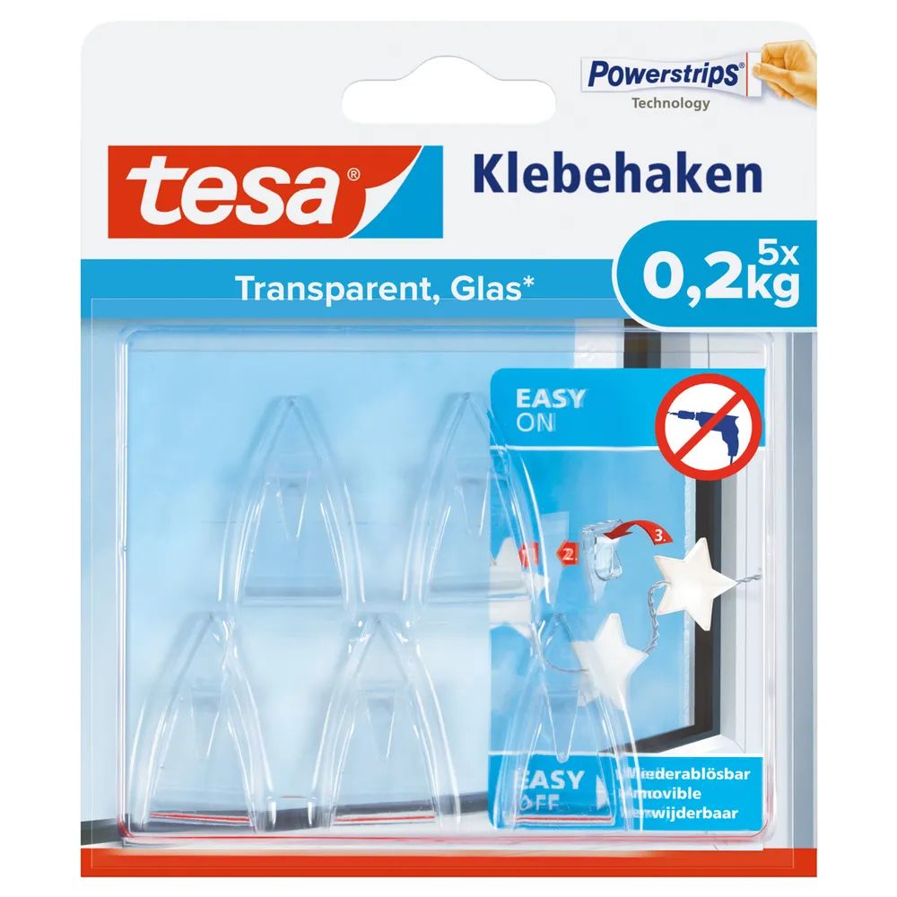 tesa® Klebehaken, transparenter Wandhaken – 0,2 kg Tragkraft, Blister