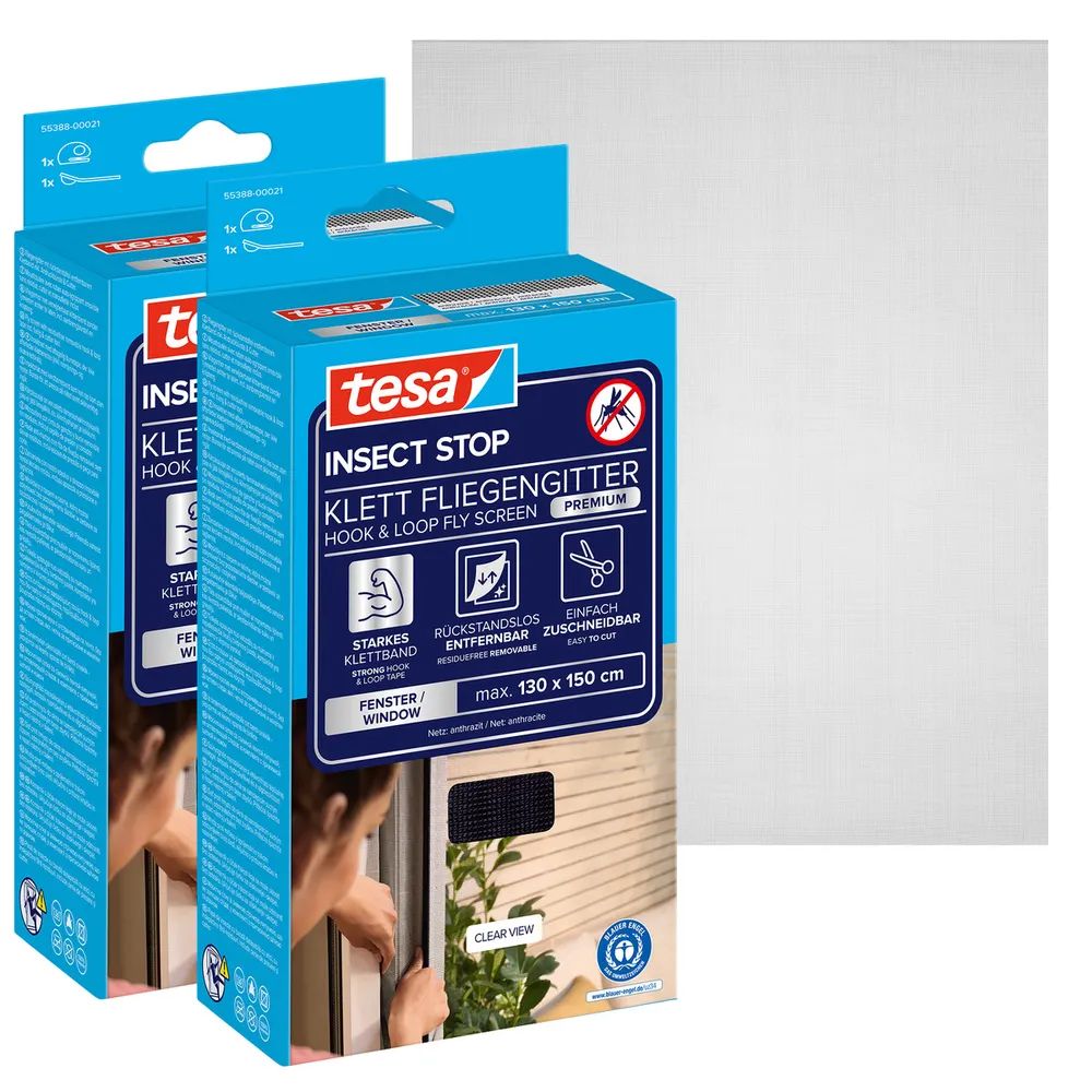 tesa® Insect Stop Comfort 2er-Pack 1,30 × 1,50 m – anthrazit – Insektenschutz ohne Bohren