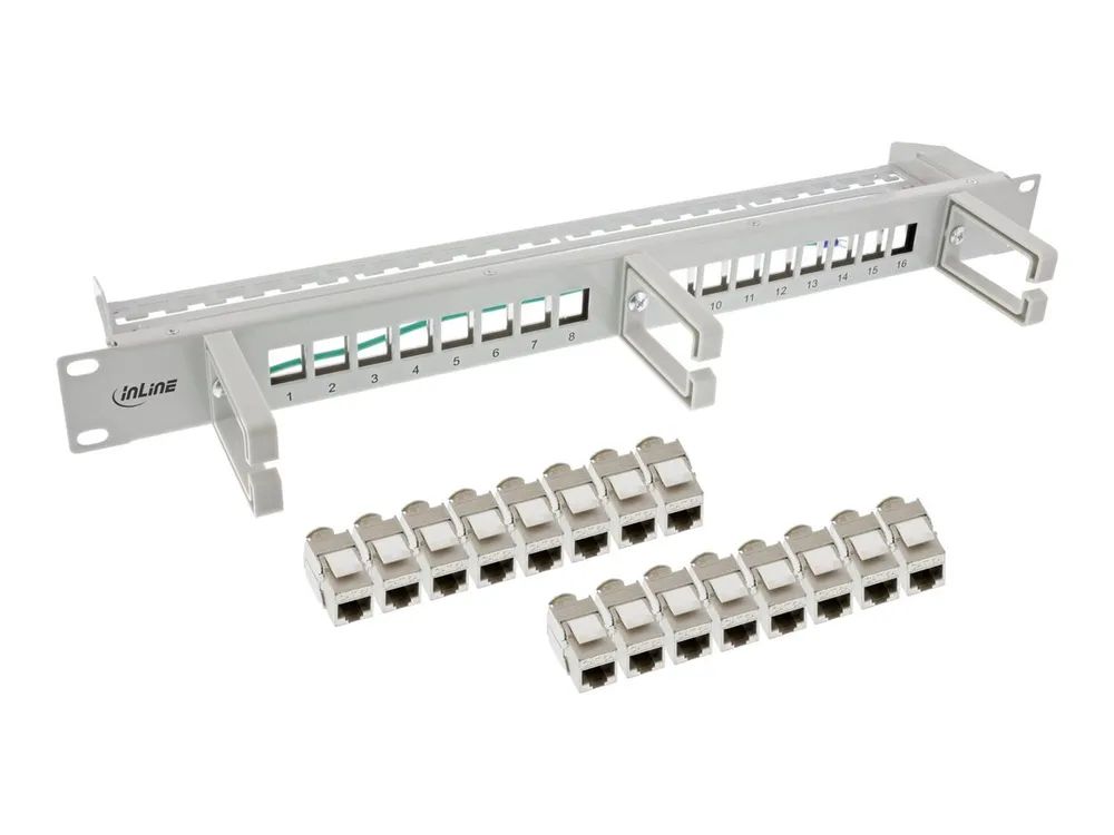 InLine Patchfeld Cat.6A 16-fach - mit 3 Bügeln - 16 Keystones - 19" - 1HE - grau