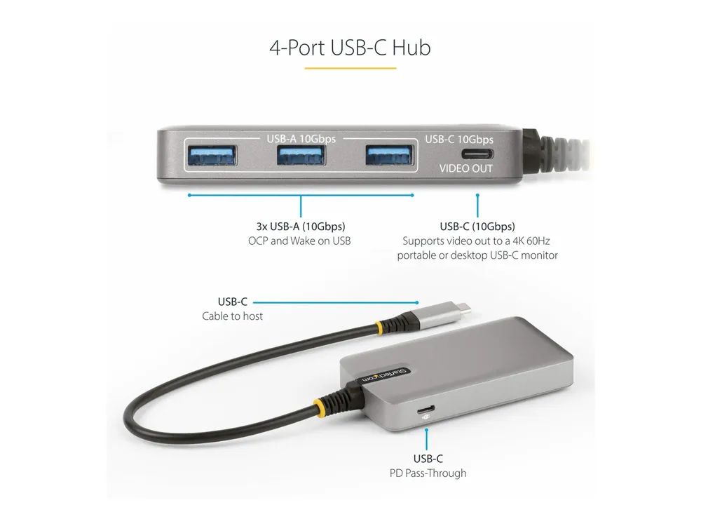 StarTech.com 4-Port USB-C Hub with USB-C DP Alt Mode Video Output 4K 60Hz, 3x USB-A, 1x USB-C, 100W Power Delivery Pass-Through, USB 3.2 Gen 2 (10Gbps)