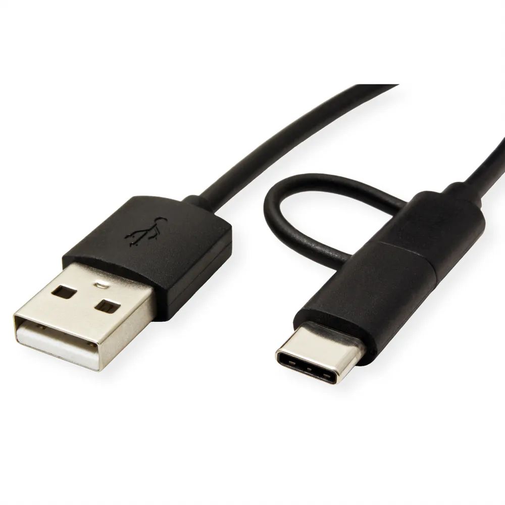 ROLINE USB 2.0 Sync- & Ladekabel Typ A - Typ C / Micro B, schwarz, 1 m
