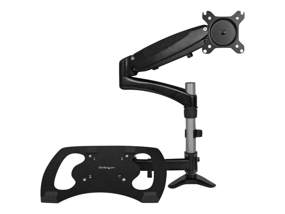 StarTech.com Laptop Monitor Stand - Computer Monitor Stand - Full Motion Articulating - VESA Mount Monitor Desk Mount - Befestigungskit (Befestigung für Stange, Gummipad, Laptop-Ablage, Federarm, Schwenkarm, 4 Abstandshalter, Clip zur Kabelführung, S