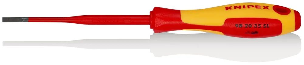 KNIPEX Schraubendreher (Slim) für Schlitzschrauben isolierender Mehrkomponenten-Griff, VDE-geprüft brüniert 202 mm