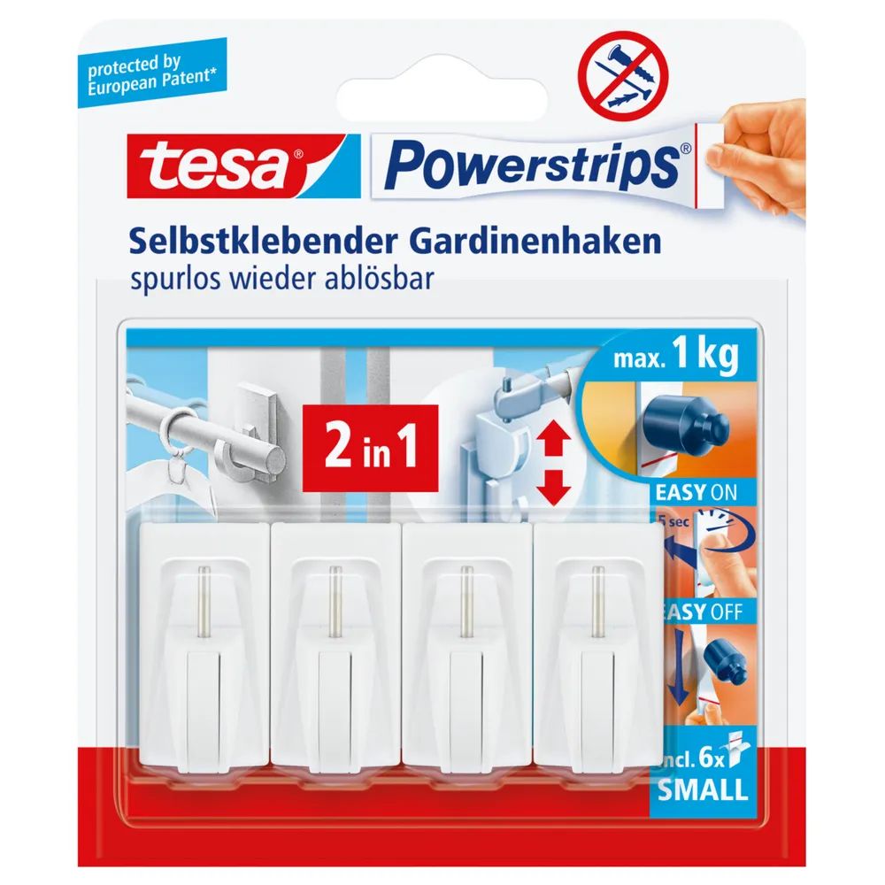 tesa® Powerstrips Vario-Gardinenhaken, weiß, rückstandsfrei ablösbar