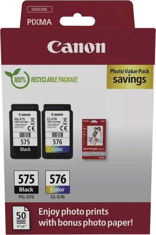 Canon PG-575/CL-576 Photo Paper Value Pack - 2er-Pack - Schwarz, Farbe (Cyan, Magenta, Gelb)