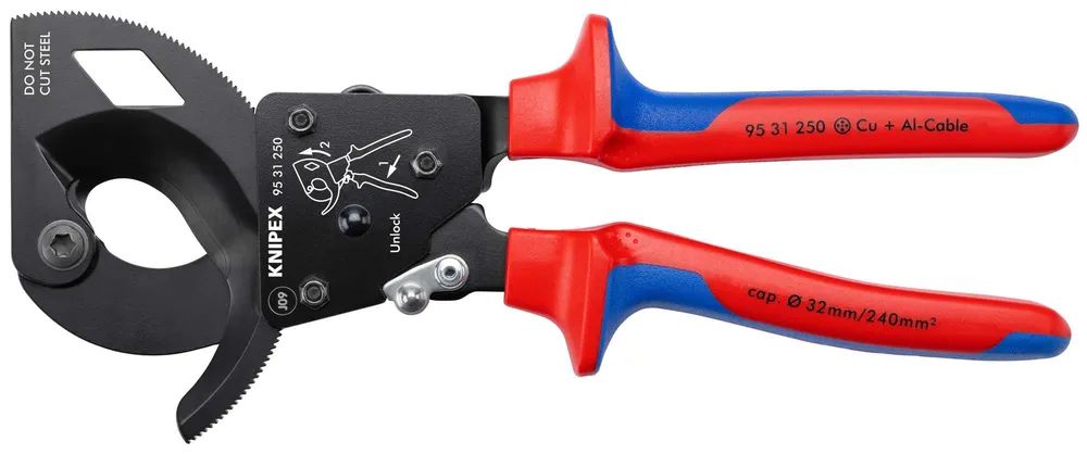 KNIPEX Kabelschneider (Ratschenprinzip) mit Mehrkomponenten-Hüllen schwarz lackiert 250 mm
