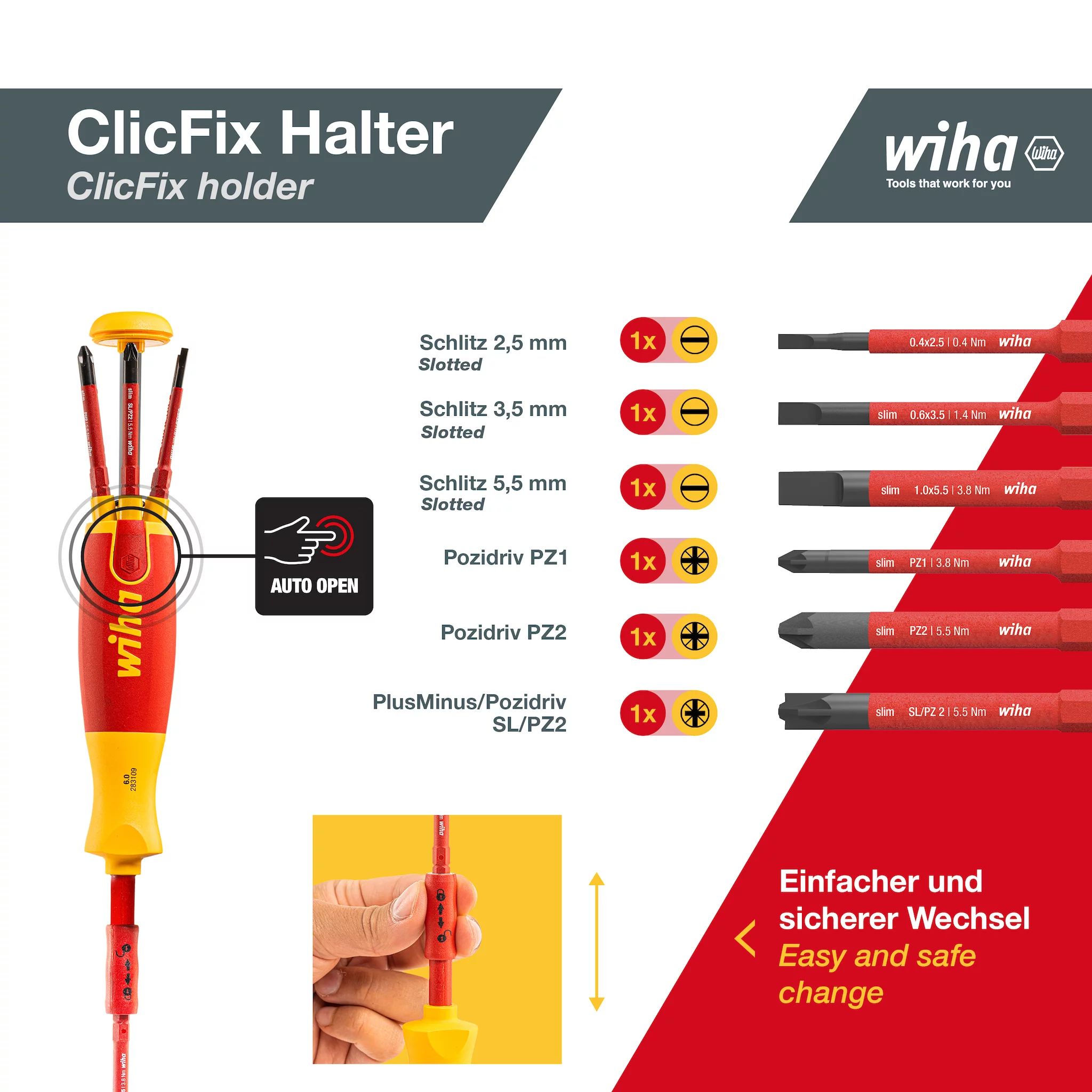 Wiha Schraubendreher mit Bit Magazin LiftUp electric Schlitz, Pozidriv, PlusMinus/Pozidriv
