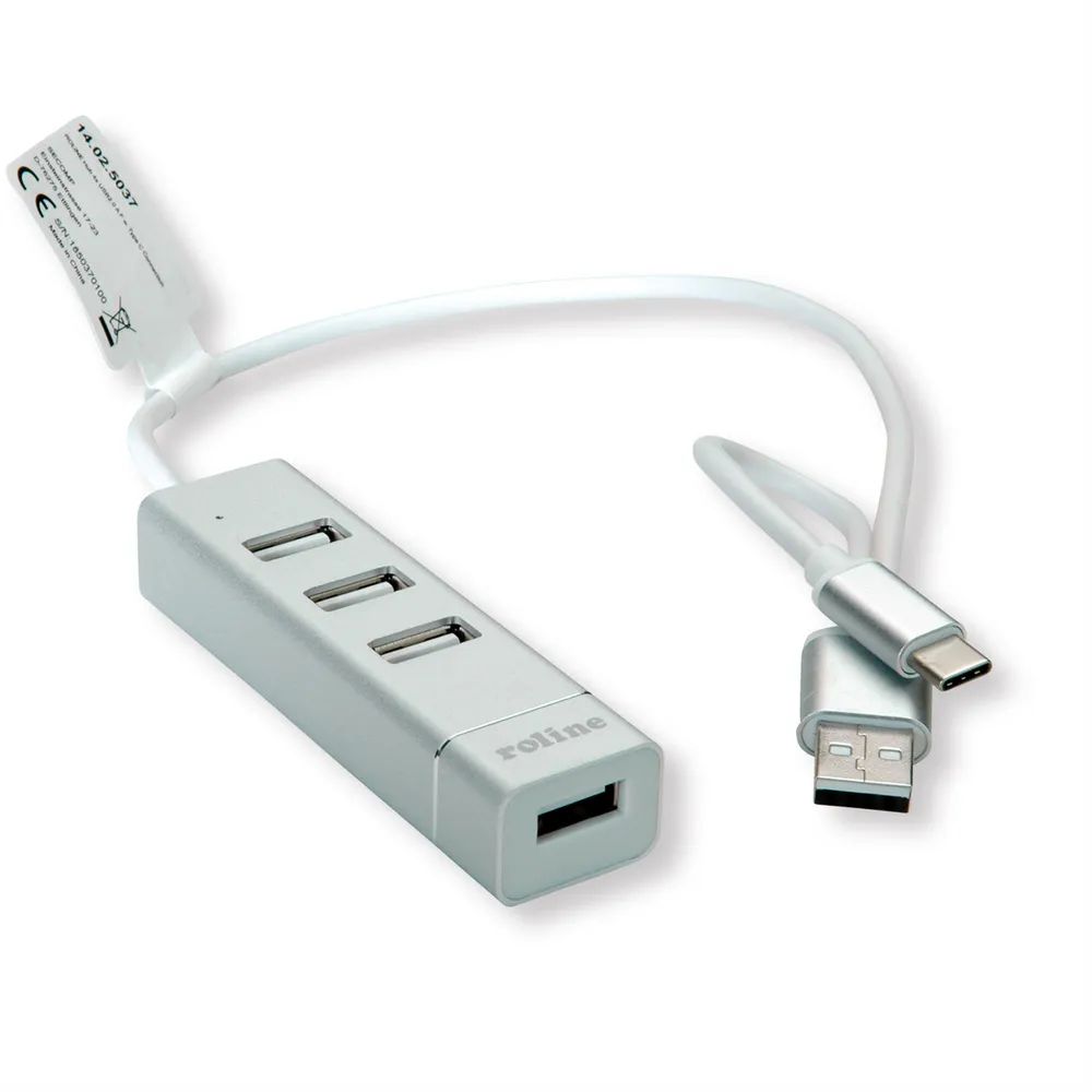 ROLINE USB 2.0 Notebook Hub, 4 Ports, Typ A+C Anschlusskabel