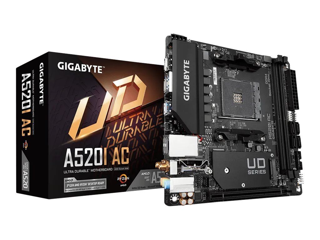 Gigabyte A520I AC - 1.0 - Motherboard - Mini-ITX - Socket AM4 - AMD A520 Chipsatz - USB 3.2 Gen 1 - Gigabit LAN, Wi-Fi, Bluetooth - Onboard-Grafik (CPU erforderlich)