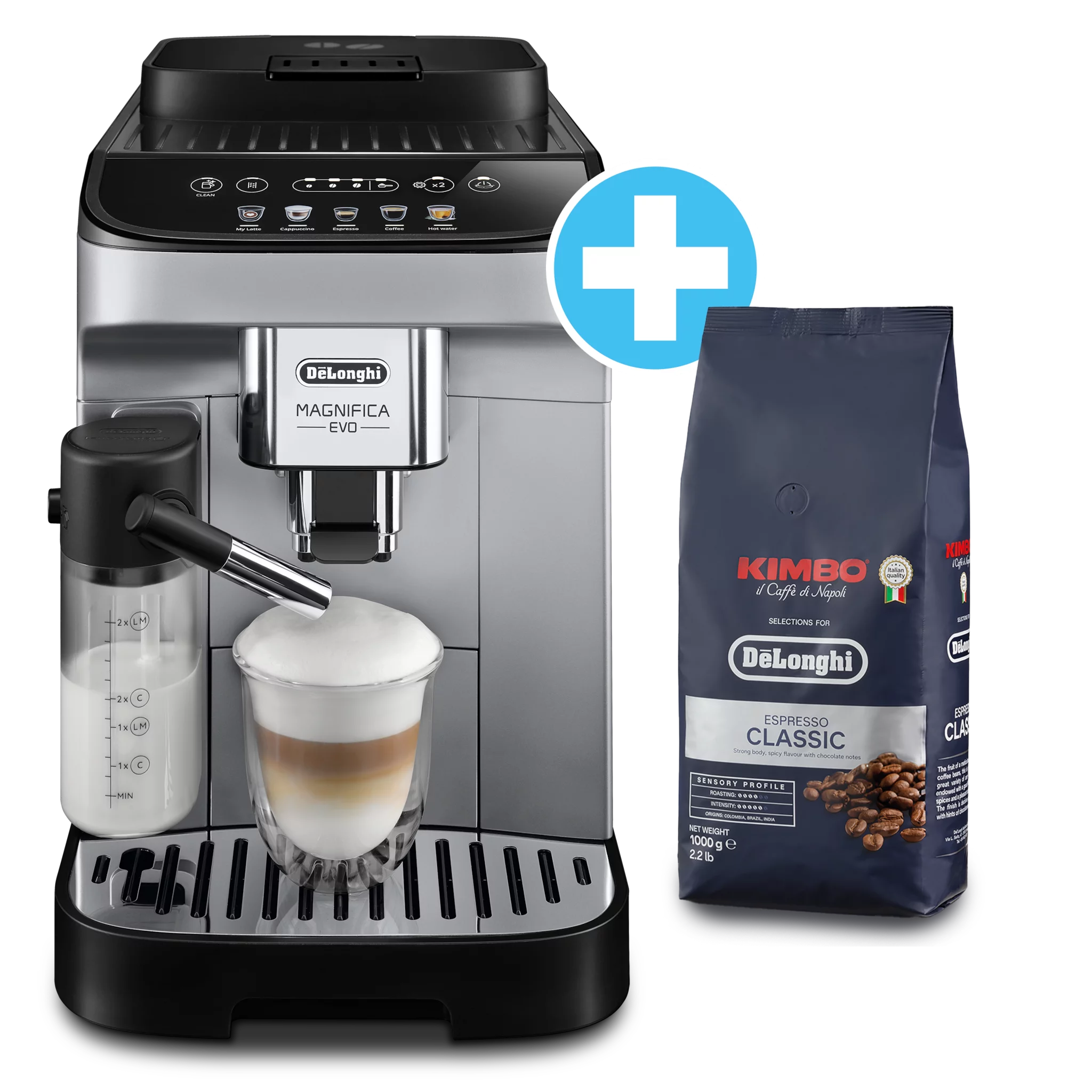De'Longhi Magnifica Evo Milk ECAM290.61.SB + De'Longhi Kaffeebohnen Kimbo Classic 1kg DLSC611 - SET