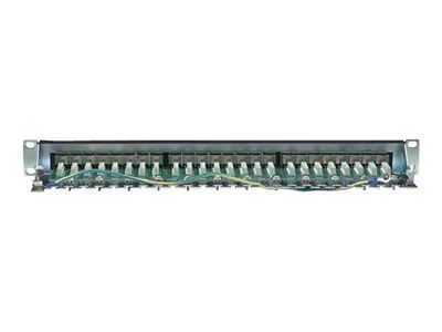 Intellinet 24-Port Cat6 Patchpanel, geschirmt, 24 Ports, FTP, 1 HE, Klemmleisten mit 90 Grad abgewinkelten Kabeleinführungen, schwarz - Patch Panel - CAT 6 - FTP - RJ-45 X 24 - Schwarz - 1U - 48.3 cm (19")