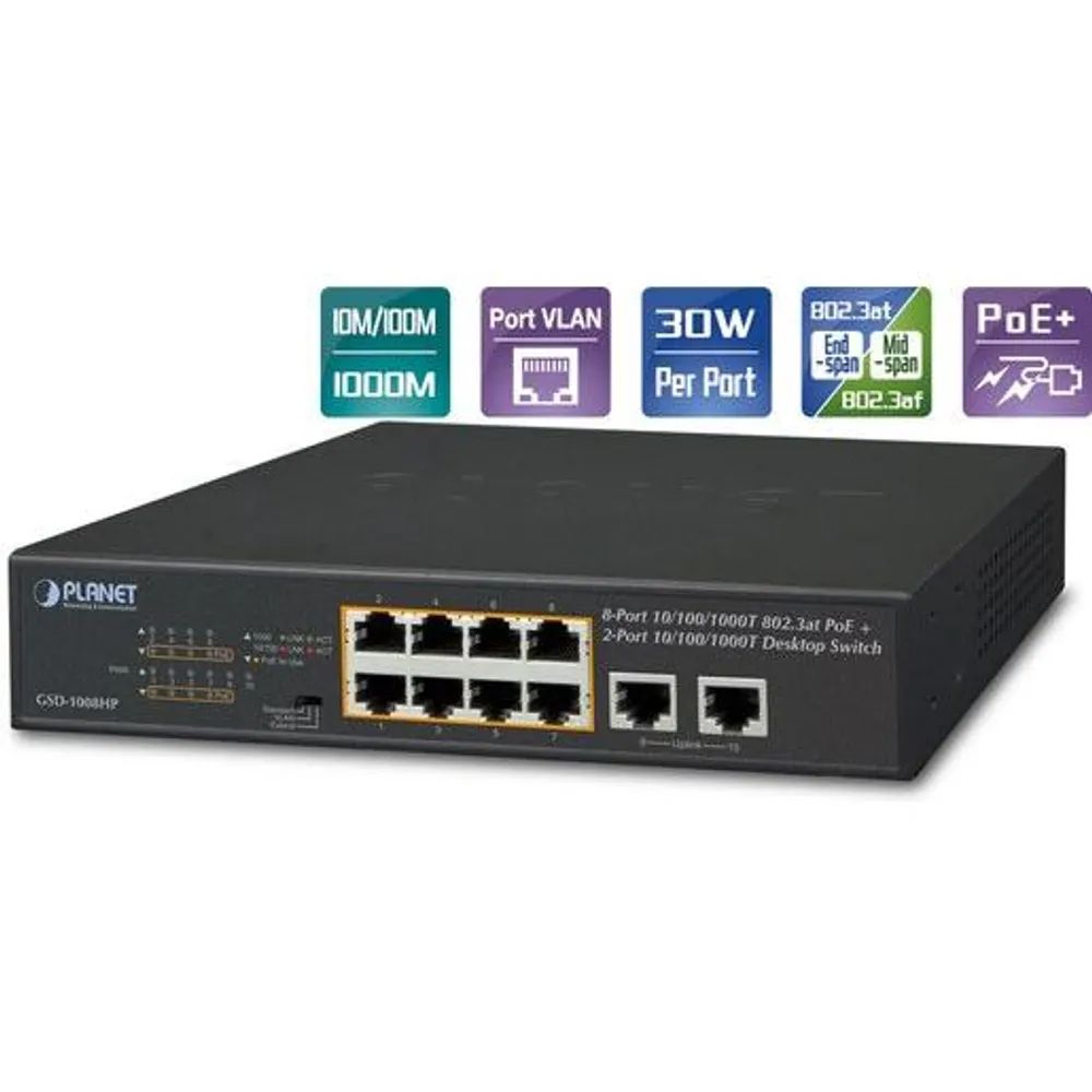 Planet SWITCH 8PORT(8XPOE)GBIT +2GBIT / PLANET PL-GSD-1008HP 120W PL-GSD-1008HP