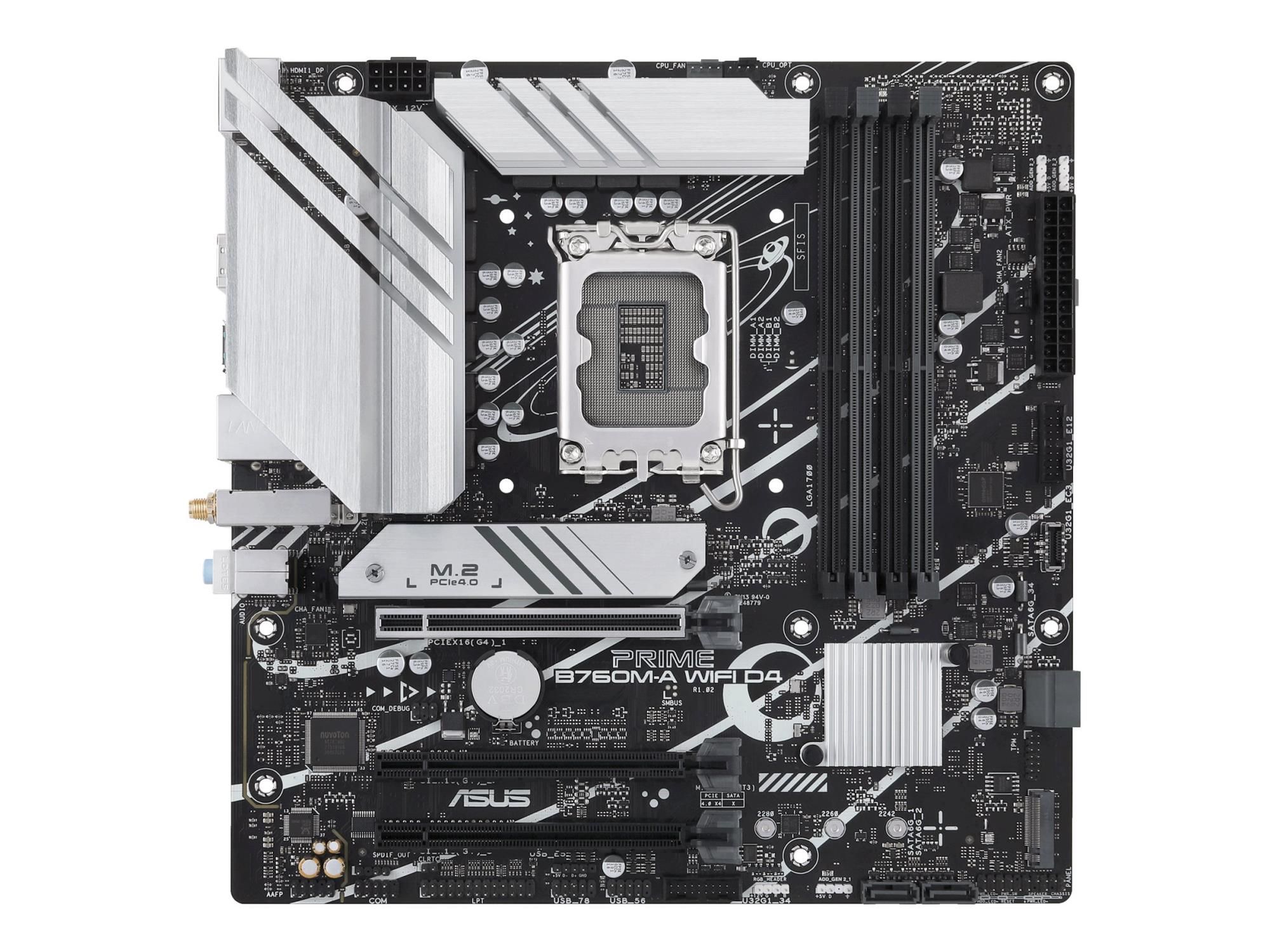 ASUS PRIME B760M-A WIFI D4 - Motherboard - micro ATX - LGA1700-Sockel - B760 Chipsatz - USB 3.2 Gen 2, USB 3.2 Gen 1, USB-C 3.2 Gen 1 - 2.5 Gigabit LAN, Wi-Fi 6, Bluetooth - Onboard-Grafik (CPU erforderlich)