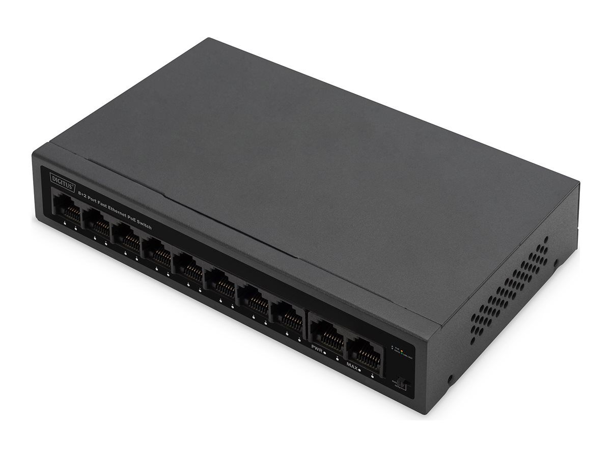 DIGITUS 8+2-Port Fast Ethernet PoE Netzwerkswitch, Desktop, unmanaged, 60 W, af/at