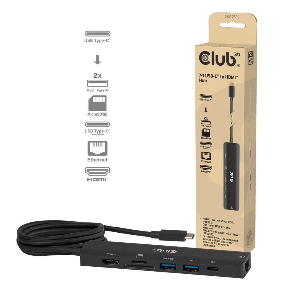 Club 3D 7-1 USB-C to HDMI Hub 4K60Hz PD3.1 140W/3.28ft - Digital/Daten - Digital/Display/Video