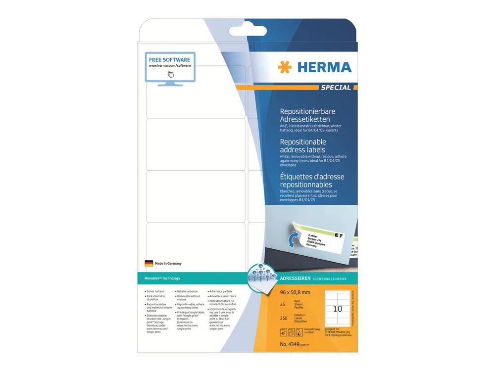 HERMA Special - Papier - matt - selbstklebend, neu positionierbar - weiß - 96 x 50.8 mm 250 Etikett(en) (25 Bogen x 10)