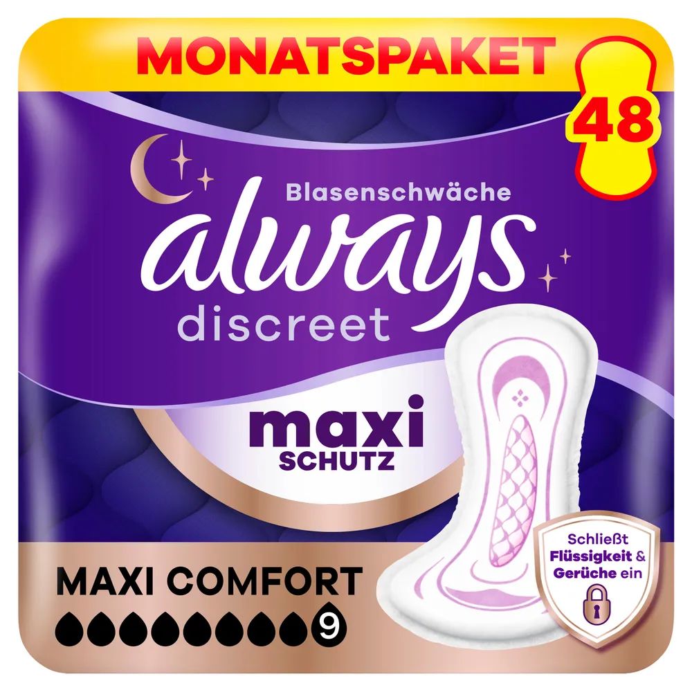 Always Discreet Inkontinenz-Einlagen Maxi Comfort Monatspaket bei Blasenschwäche, 48 Einlagen (4 Pac