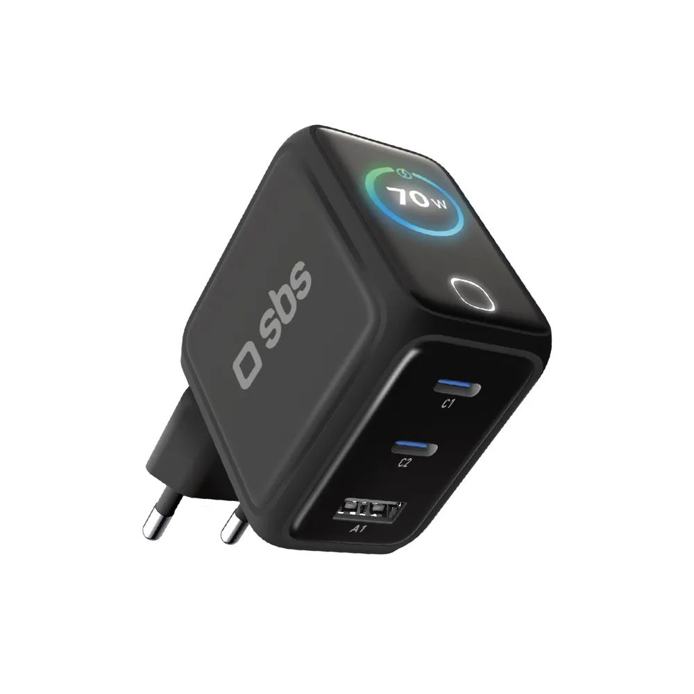 SBS GaN Netzlader, 2x USB-C PD & 1x USB-A, 70W, mit LCD Anzeige