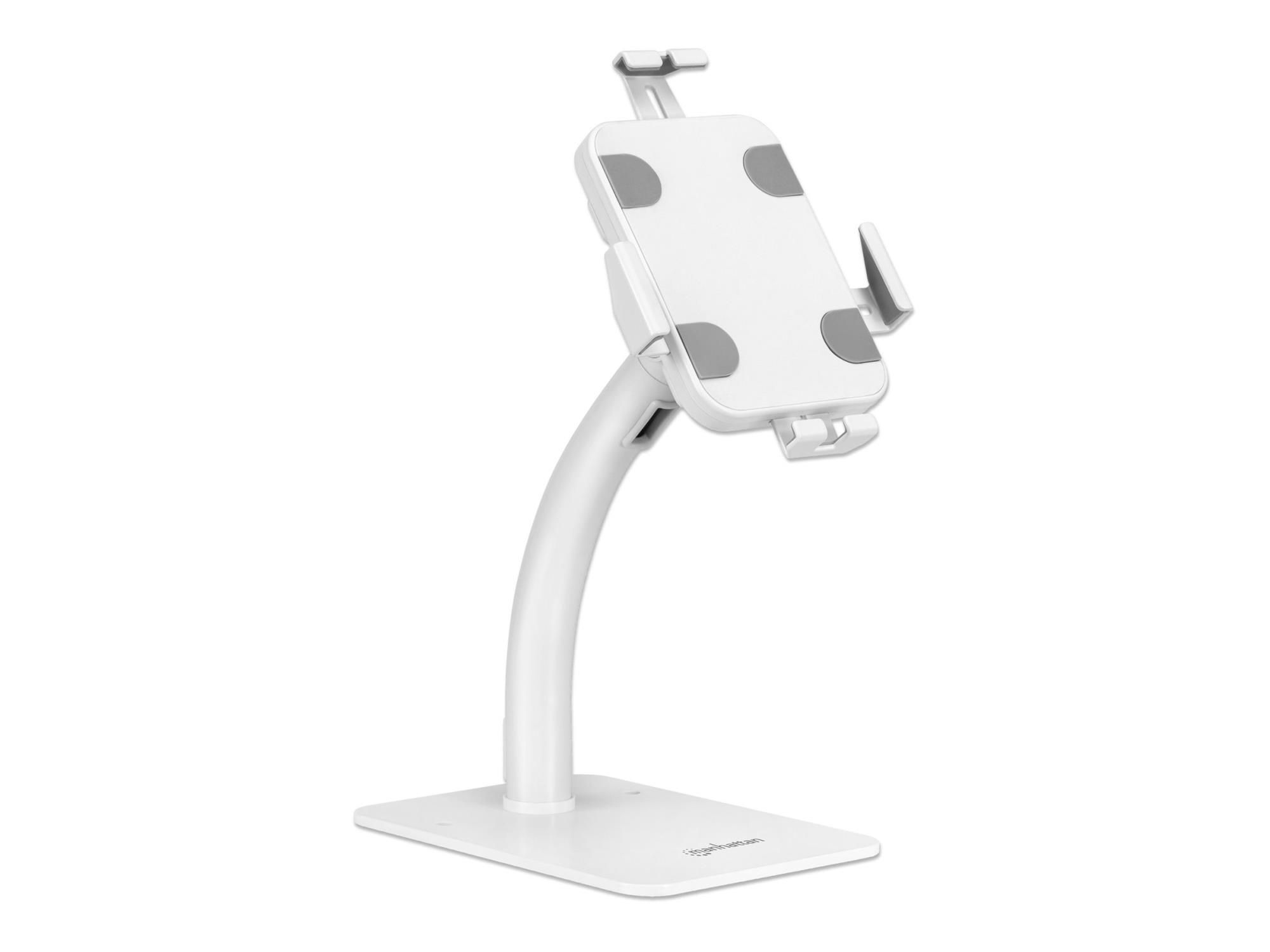 Manhattan Desktop Kiosk Stand (Anti theft) for Tablet and iPad, Universal, 360° Rotation, Tilt +20° to -110°, White, Lockable, Countertop Holder for 7.9" to 11" Tablets, Extendable clamps: height 200 to 246mm/width 129 to 181mm, Lifetime warranty - A