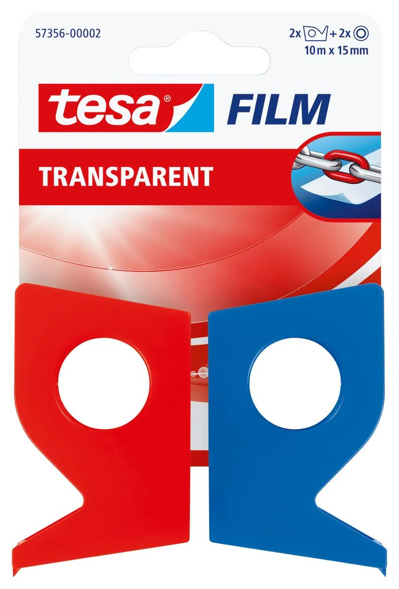 tesa® Klebefilm Transparent Duo – 2 x 10 m x 15 mm – farbiger Abroller inklusive