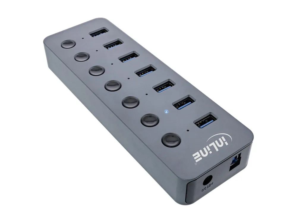 InLine USB 3.2 Gen.1 - 7-Port - mit Schalter - Aluminium - grau - mit Netzteil