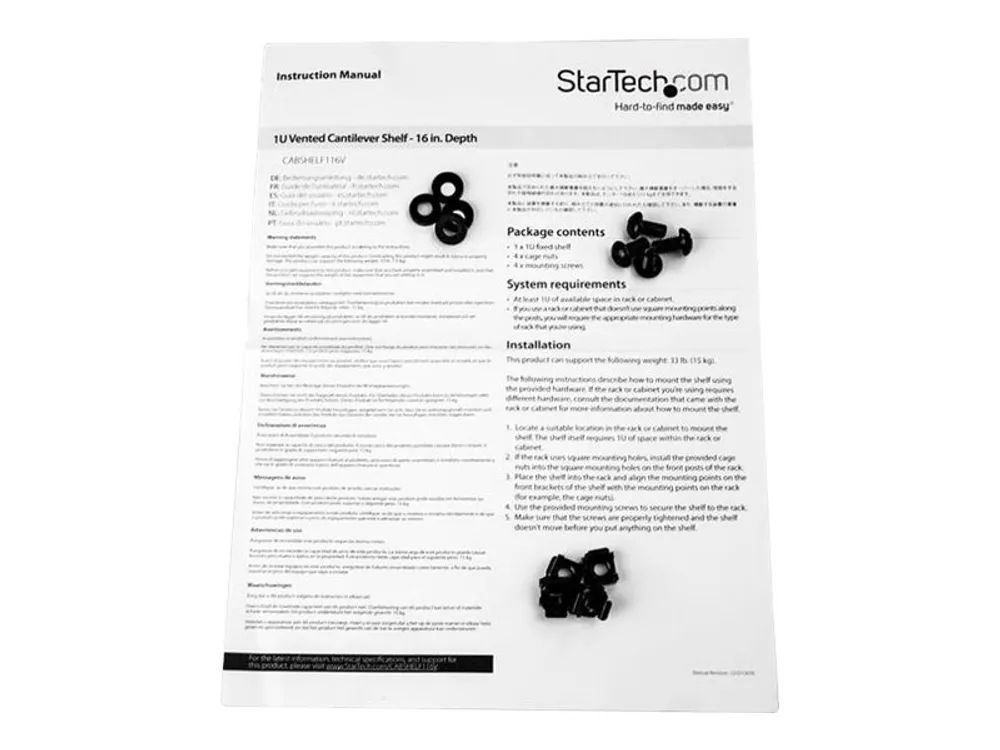 StarTech.com Belüfteter Server Rack Fachboden 1 HE - 40,6 cm Tief - Stahl - Rack - Regal - Schwarz - 1U - 40.6 cm (16")