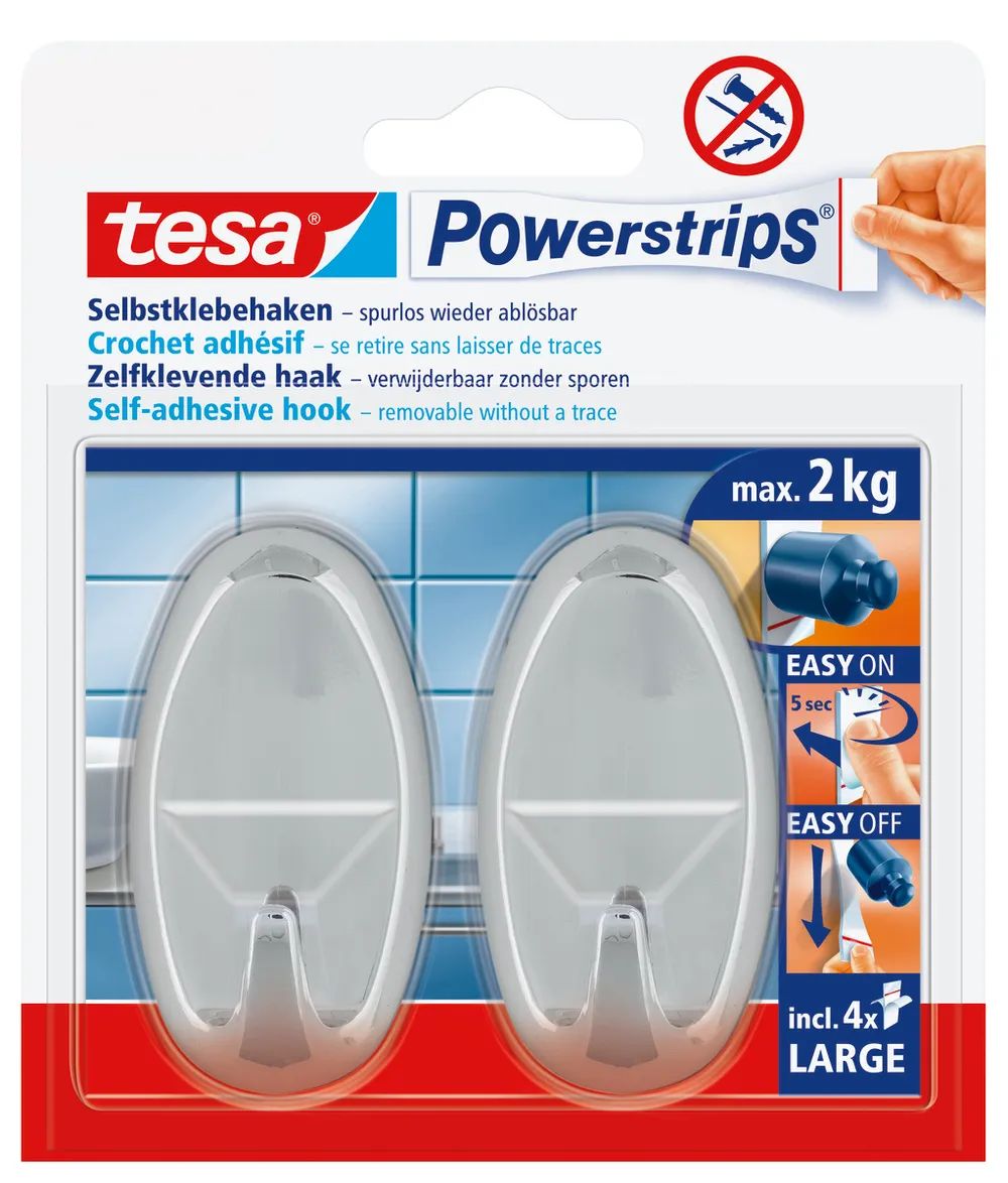 t﻿esa® Powerstrips® Haken Large Oval, chrom, bis 2kg Tragkraft, ablösbar, wiederverwendbar