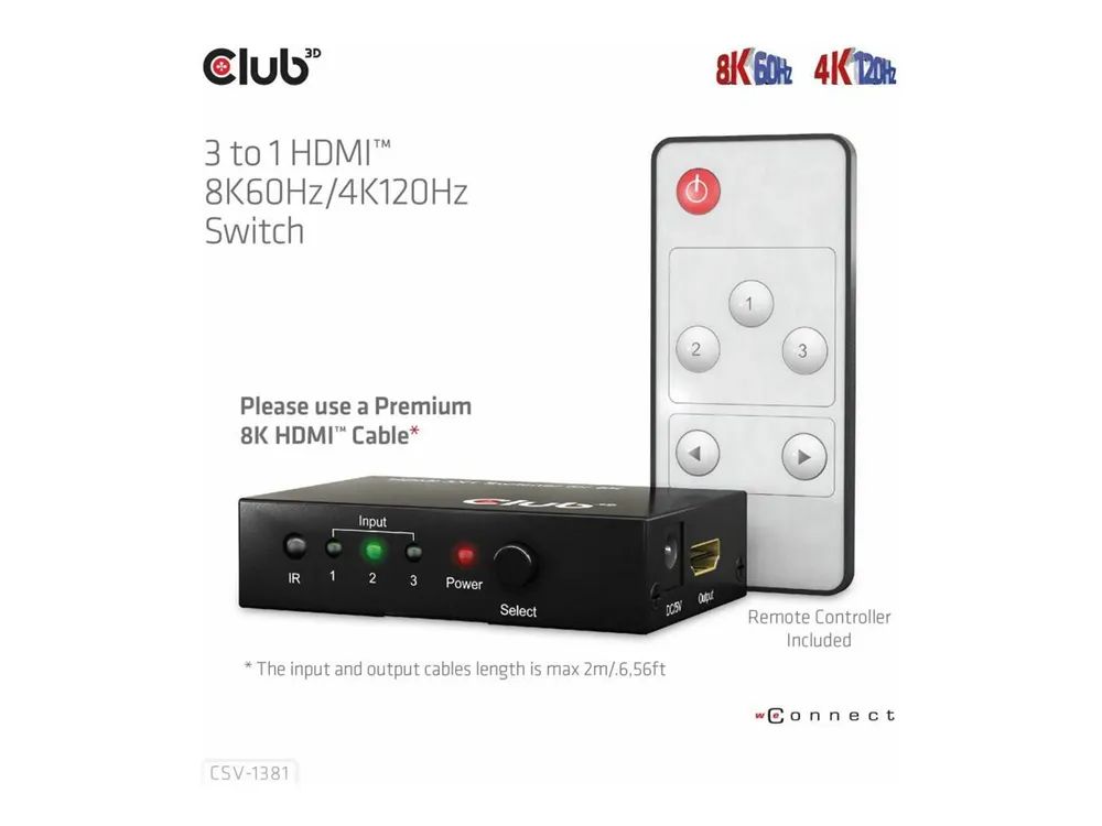 Club 3D CSV-1381 - Video/Audio-Schalter - 3-to-1, 8K 60 Hz/4K 120 Hz