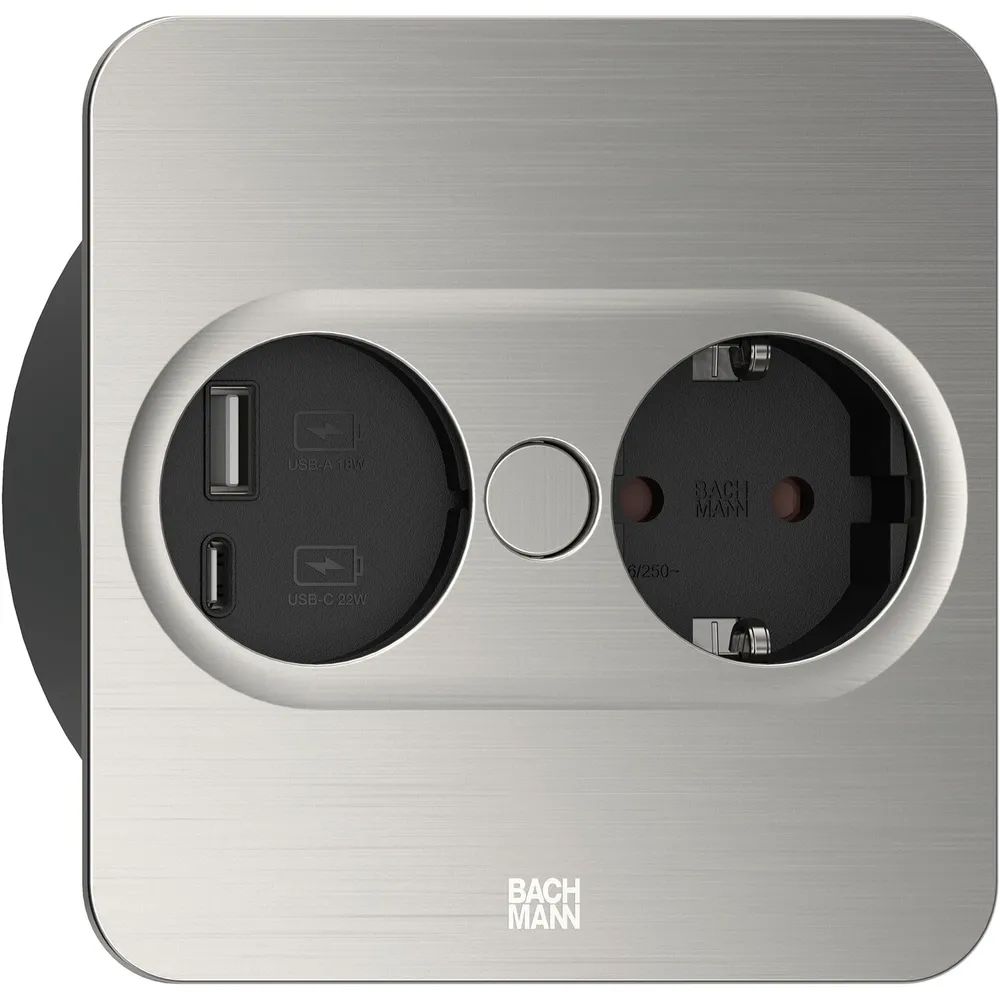 BACHMANN Einbausteckdose TWIST 2 eckig, Steckdose, USB, Edelstahl-Effekt