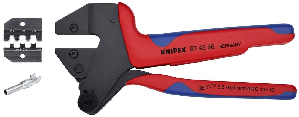 KNIPEX Crimp-Systemzange MC4® & MC4® EVO2 für auswechselbare Crimpeinsätze für MC4® Multi-Connect-Verbinder (bis 6 mm²) mit 2K-Hüllen 200 mm