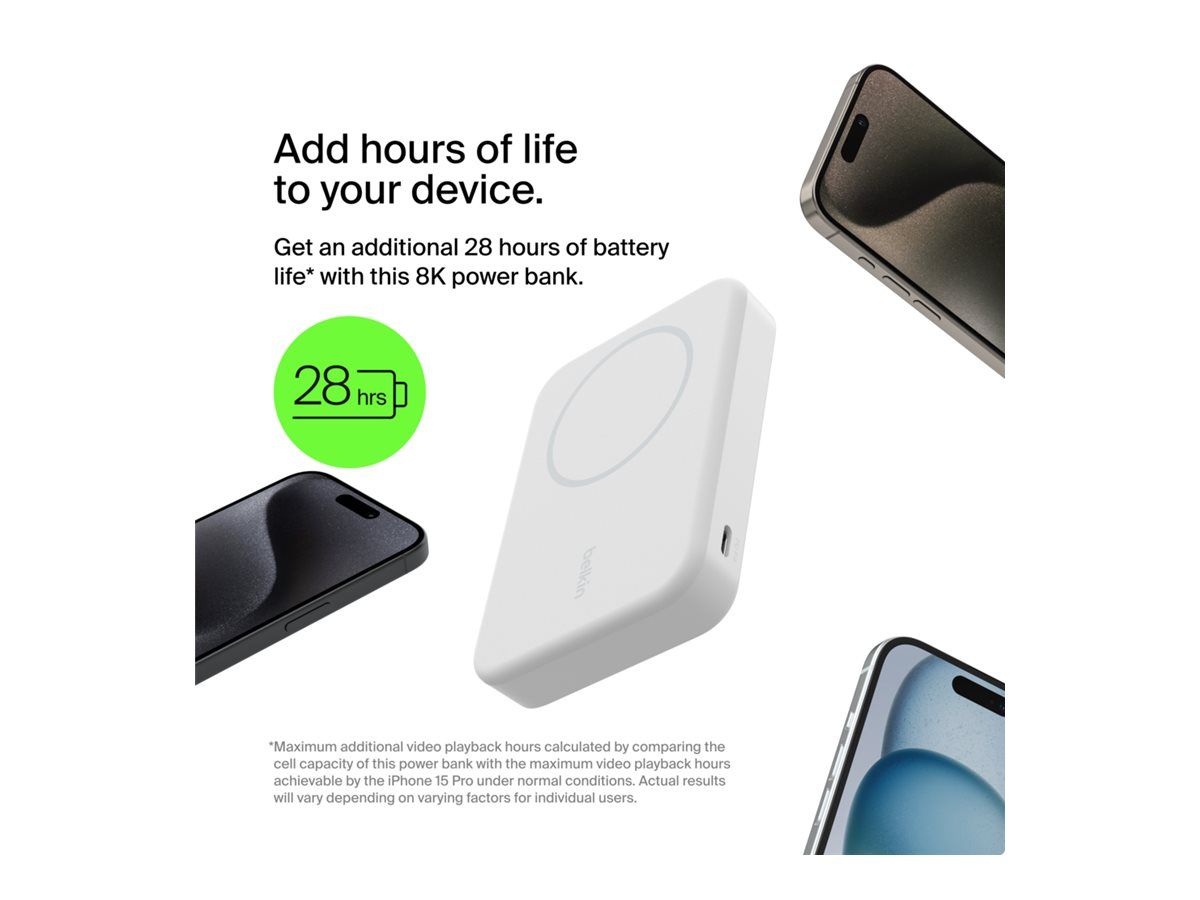 Belkin Induktive Power Bank - magnetisch mit Qi2 - 8000 mAh - 15 Watt - Fast Charge (24 pin USB-C)