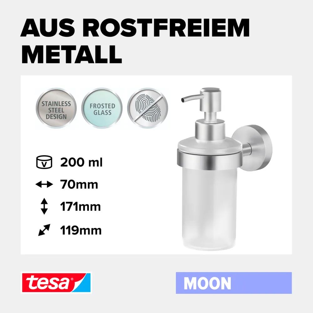 tesa® MOON Seifenspender-Set – satiniertes Glas, ohne Bohren