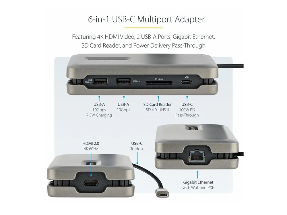 StarTech.com USB C Multiport Adapter - USB C auf 4K 60Hz HDMI 2.0 Dockingstation/Reiseadapter - 2-Port 10Gbit/s USB Hub - 100W Power Delivery stromversorgung - SD/MicroSD - 25 cm Kabel (DKT31CSDHPD3)