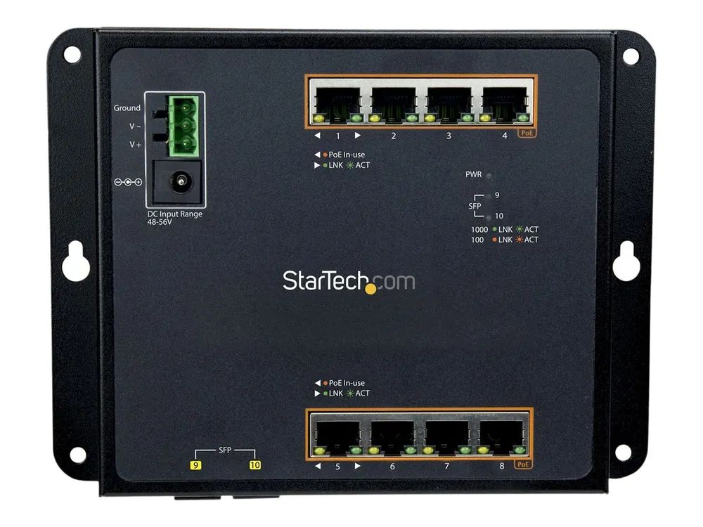 StarTech.com 8 Port PoE+ Gigabit Ethernet Switch plus 2 SFP Ports - Industrieller Managed Gigabit Switch - Wandmontage mit Front Zugriff - Switch - managed - 8 x 10/100/1000 (PoE+)