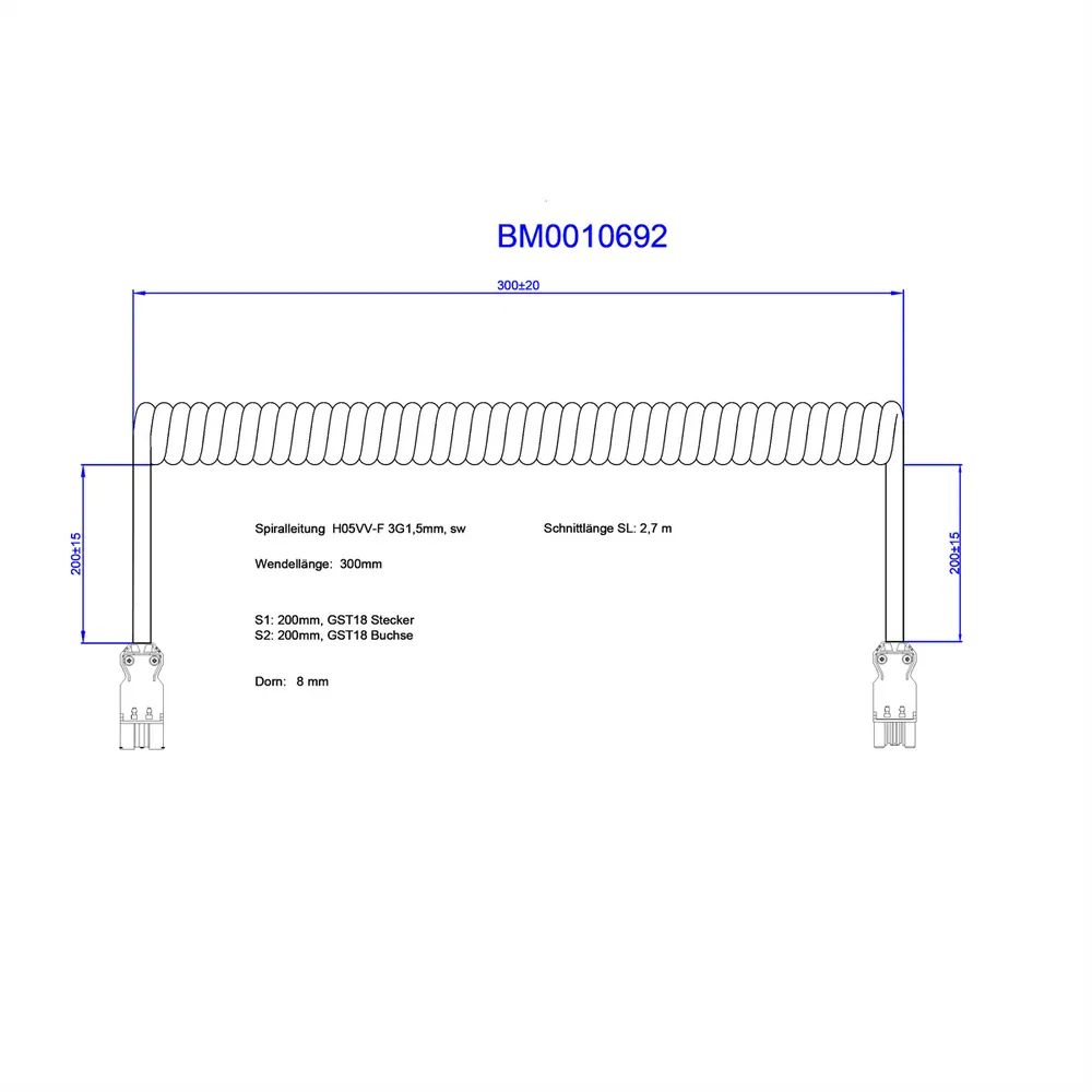 BACHMANN Spiralleitung H05VV-F 3G1,5mm² L:0,3m sw ISV