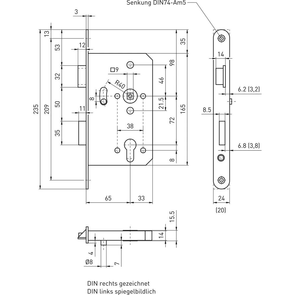 BMH Fluchttürhauptschloss 1022, 1-flg. Funktion B/EN 179, links, DM65, Edelstahl