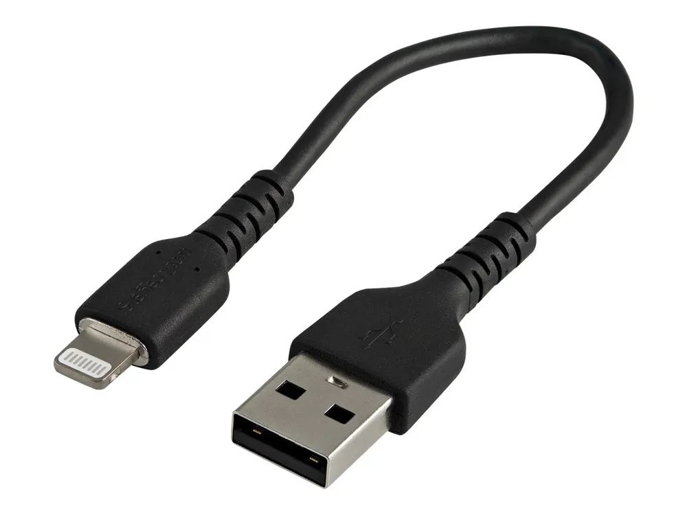 StarTech.com 15cm(6 in) Durable Black USB-A to Lightning Cable, Heavy Duty Rugged Aramid Fiber USB Type A to Lightning Charger/Sync Power Cord, Apple MFi Certified iPad/iPhone 12 Pro Max - iPhone 7/8/11/11 Pro (RUSBLTMM15CMB)