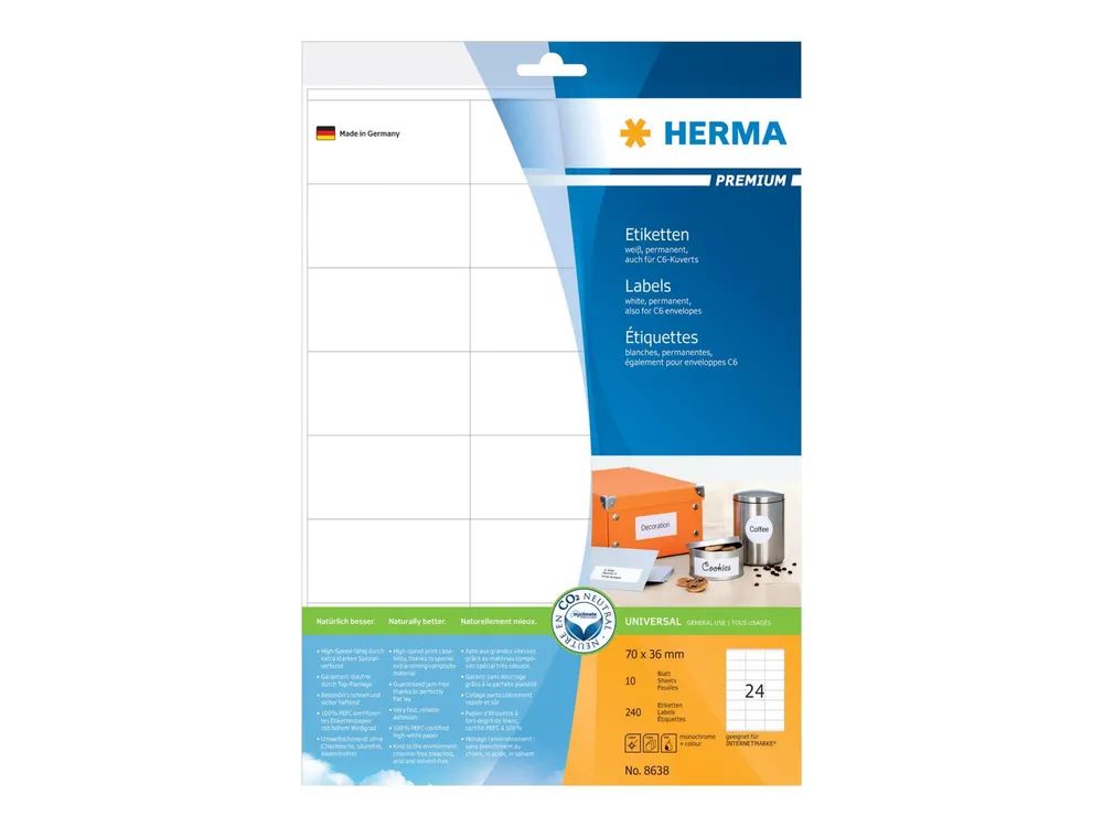 HERMA Premium - Papier - matt - permanent selbstklebend - weiß - 70 x 36 mm 240 Etikett(en) (10 Bogen x 24)