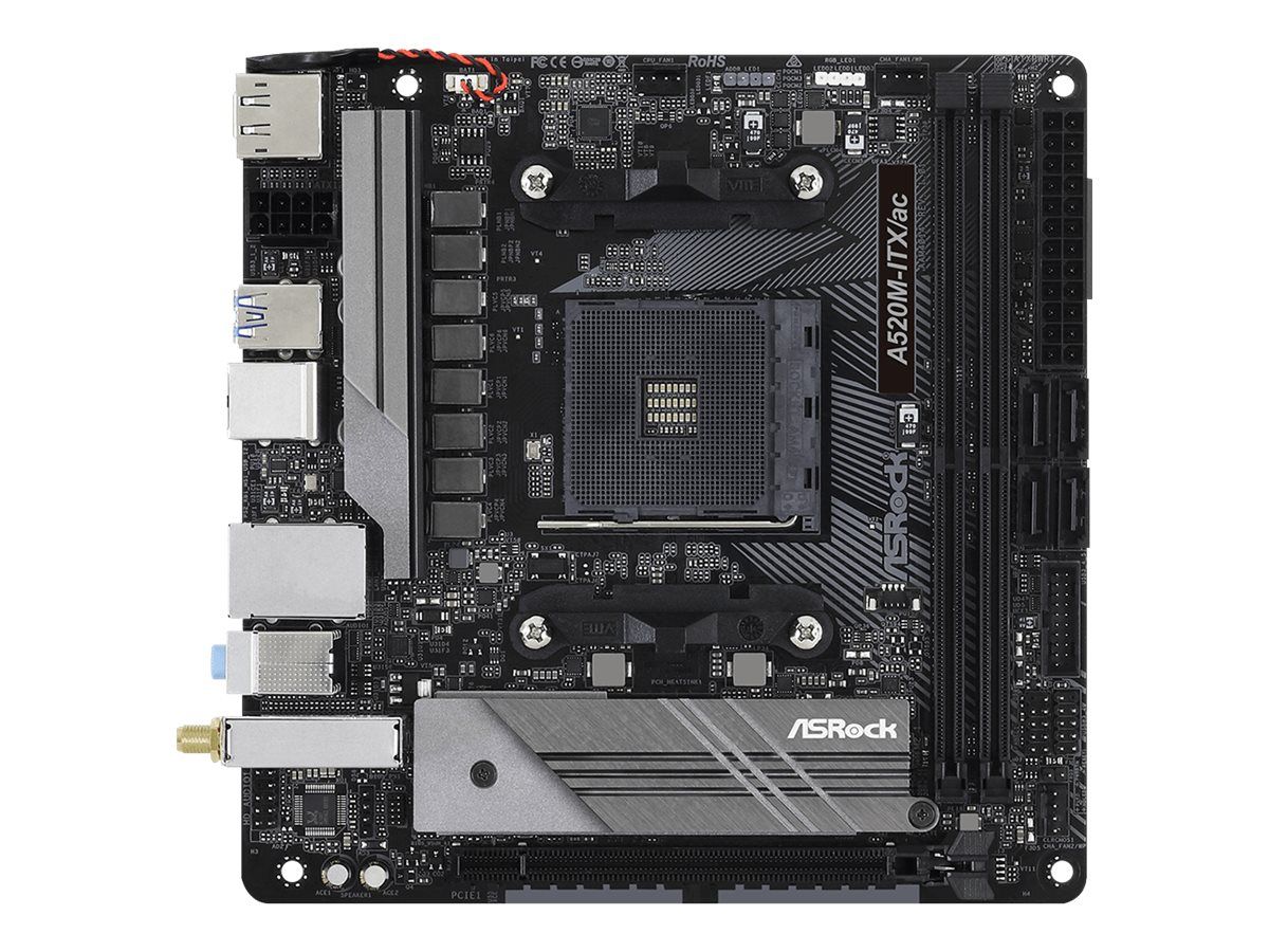 ASRock A520M-ITX/ac - Motherboard - Mini-ITX - Socket AM4 - AMD A520 Chipsatz - USB-C Gen1, USB 3.2 Gen 1 - Gigabit LAN, Wi-Fi, Bluetooth - Onboard-Grafik (CPU erforderlich)
