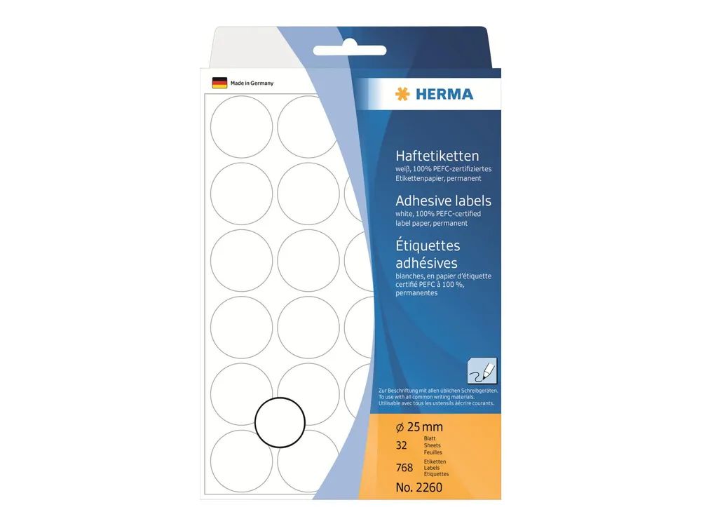 HERMA Permanenter Klebstoff - weiß - 25 mm rund 768 Etikett(en) (32 Bogen x 24)