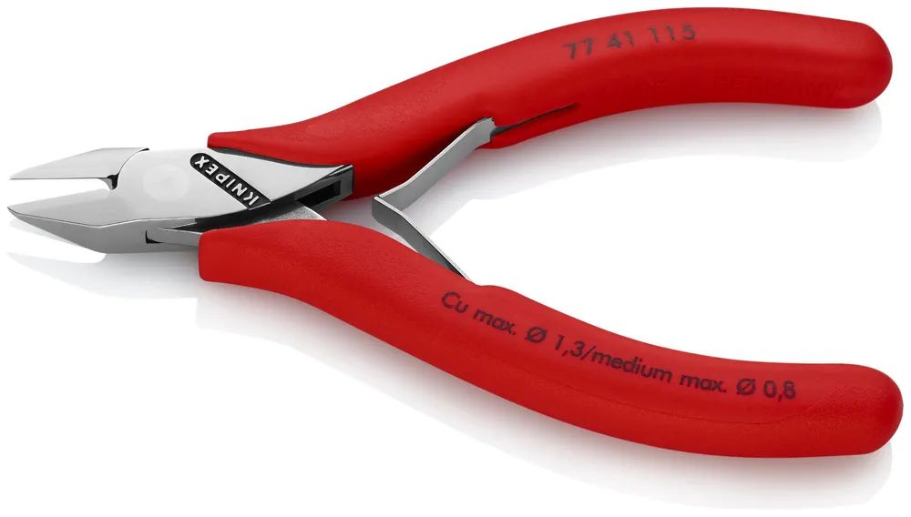 KNIPEX 77 41 115 Elektronik-Seitenschneider mit durchgestecktem Gelenk mit rutschhemmenden Kunststoff-Hüllen 115 mm