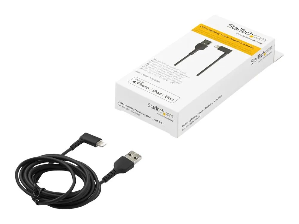 StarTech.com 2m USB-A auf Lightning-Kabel - 90° rechtwinkliges USB Typ-A auf Ladekabel - Synchronisationskabel - Apple MFi-zertifiziert iPad/iPhone 12 - Schwarz (RUSBLTMM2MBR)