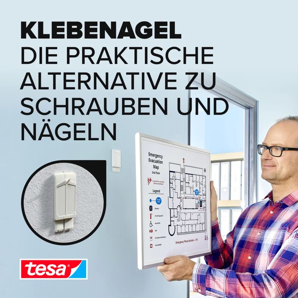 tesa® Klebenagel Tapeten & Putz 2kg, 3er-Pack, verstellbar & wiederverwendbar