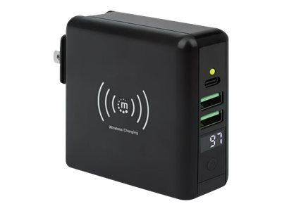 Manhattan 4-in-1 Travel Wall Charger and Powerbank 8,000 mAh, USA/UK/Euro 2-pin Plugs, Output: 1x USB-C, 2x USB-A ports and Wireless Charging Pad (5W)