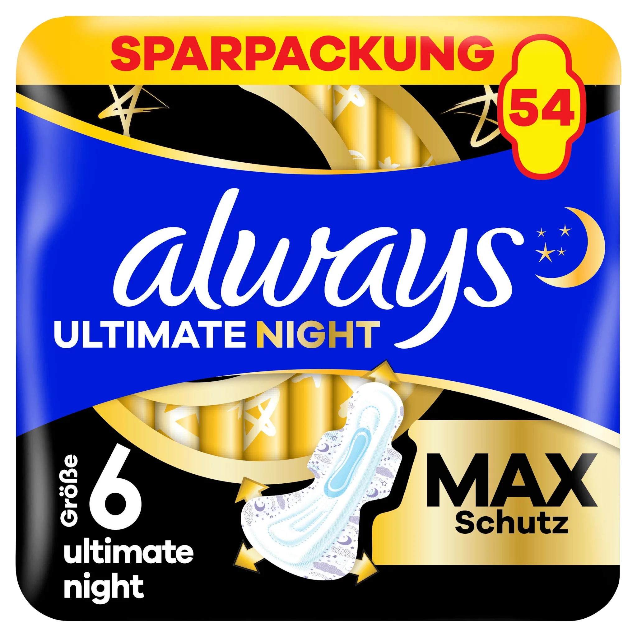 always Binde Ultimate Night - Max Protection mit Flügeln Monatspaket, 54 Binden (3 Packungen x 18 St